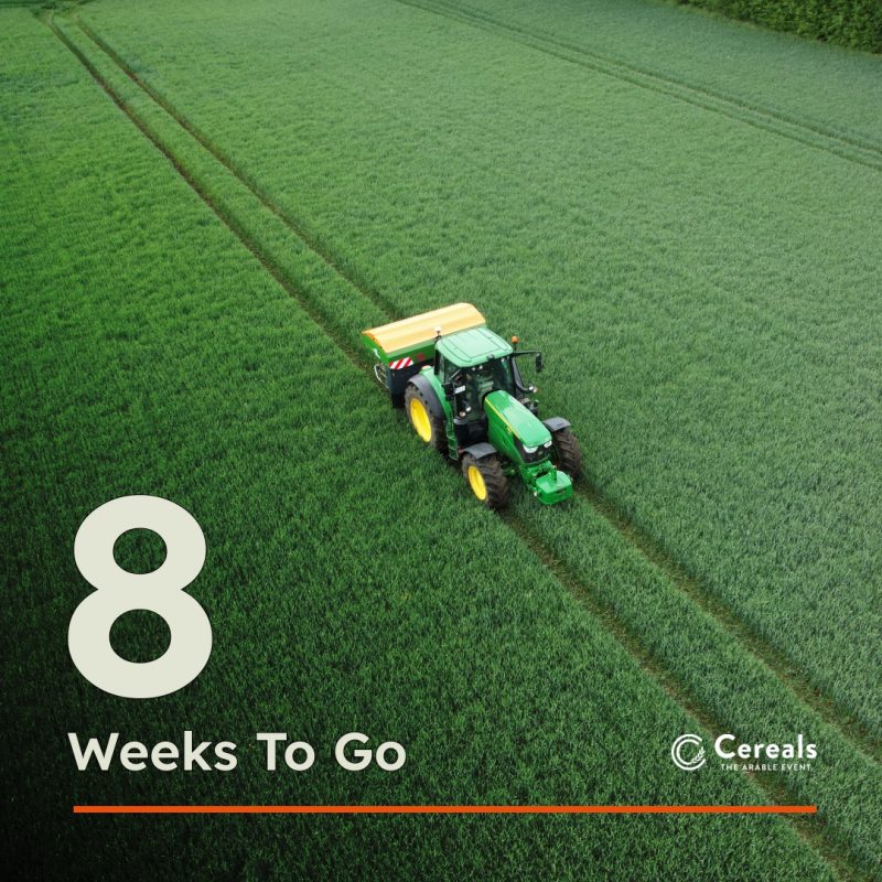 Picture of tractor moving through green field during precision farming. Text reads '8 Weeks To Go' and features Cereals Events 2024 logo.